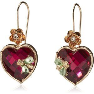 Women Red and Gold Betsey Johnson Glass, Metal Stone Heart Dangle Earrings